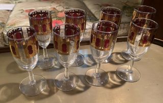 8 VINTAGE CULVER 22kt GOLD CRANBERRY RED WINE GLASSES MID CENTURY MODERN MCM 3