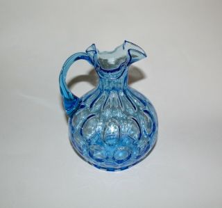 Vintage Fenton ☆ 7 " Tall Blue Handled Ruffled Top Coin Dot Pitcher