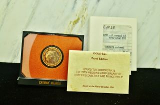1972 Cayman Islands $25 Gold Proof 25th Anniversary Queen Elizabeth Ii & Philip