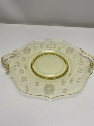 1930s Yellow Topaz Jubilee 11” Serving Platter Etched Lancaster Depression Glass