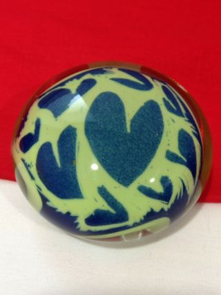 Vintage Studio Art Glass Paperweight Blue Green Hearts Signed Made In Canada