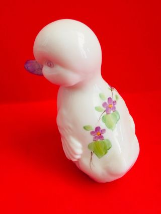Fenton Art Glass Hand Painted Flowers On Duckling Artist Signed