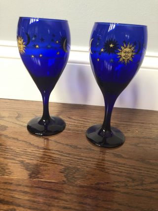 (set Of 2) Celestial Sun Moon & Stars Glass Wine Glasses Cobalt Blue