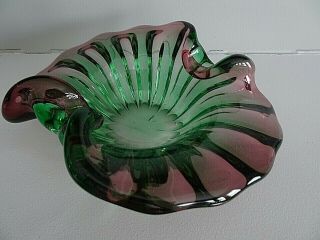 Vintage Murano Freeform Art Glass Mulberry Folded Bowl Green & Purple
