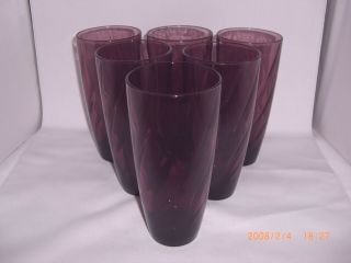 6 Vintage Hazel Atlas Glass Moroccan Amethyst Swirl Tall Ice Tea Glasses 6 1/4 "