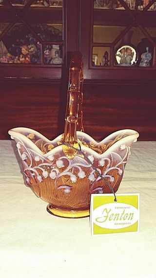 Vintage Fenton Cameo Amber Art Glass Lily Of The Valley Basket Opalescent