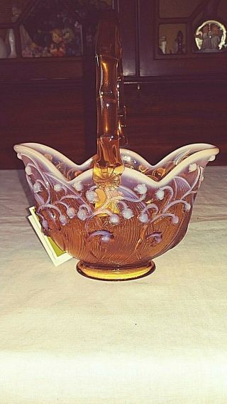 Vintage Fenton Cameo Amber Art Glass Lily of the Valley Basket Opalescent 3