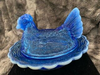 VTG L.  G.  Wright Blue Opalescent Glass Hen Chicken on a Nest 2