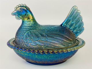 Indiana Glass Vivid Blue Iridescent Carnival Hen Chicken On Nest Covered Dish