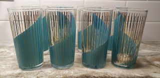8 Libbey Mcm Drinking Glass Teal Gold Mid Century Modern Stripes Water Turquoise