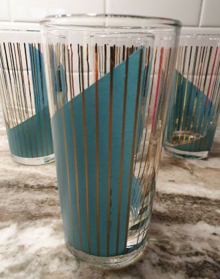 8 Libbey MCM Drinking Glass Teal Gold Mid Century Modern Stripes Water Turquoise 3