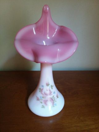 Vintage Fenton Rosalene Pink Roses Jack In The Pulpit Vase Hand Painted 1991