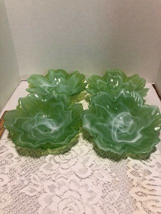 Vintage Green Depression Cabbage Leaf Salad Bowls Set Of 4
