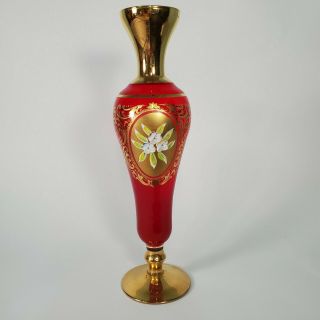 Murano Venetian Ruby Red Glass Bud Vase 24k Gold Gilt Overlay Flower Handpainted