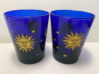 Set Of 2 Vintage Libbey Cobalt Blue Glasses Celestial Sun Moon Stars Tumblers