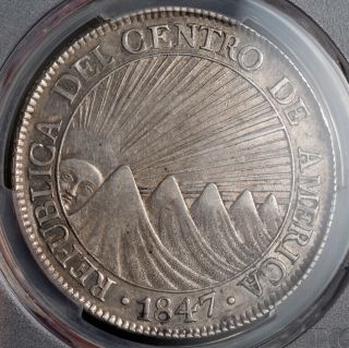 1847 - Ng/a,  Central American Republic.  Silver 8 Reales Coin.  Pcgs Au55