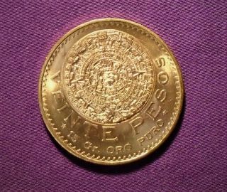 1/2 Ounce Bullion 1959 Mexico Gold 20 Pesos Bu 15.  0 Grams Actual Gold Weight