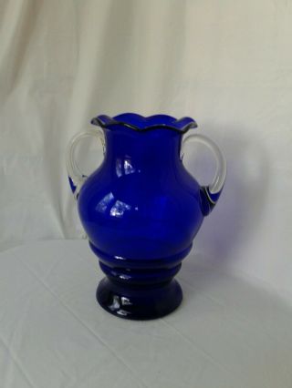 Louie Glass Co.  Cobalt Blue W/clear Double Handled Large Vase Ruffled Edges