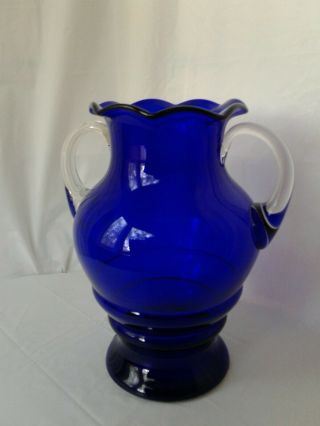 Louie Glass Co.  Cobalt Blue W/Clear Double Handled Large Vase Ruffled Edges 2