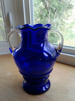 Louie Glass Co.  Cobalt Blue W/Clear Double Handled Large Vase Ruffled Edges 3
