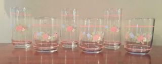 Vintage Libbey Drinking Glass Tumblers 16 Oz.  Pink Blue Green Floral Set Of 6