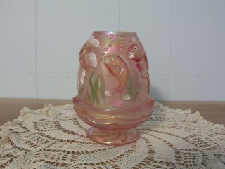 Vintage Fenton Iridescent Pink Art Glass Atlantis Koi Fish Fairy Lamp Signed