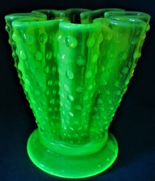 Fenton Topaz Opalescent Vaseline Glass Hobnail Large Scalloped Vase