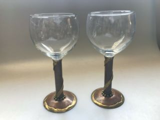 2 Brutalist Copper Brass Stem Wine Glasses Goblets