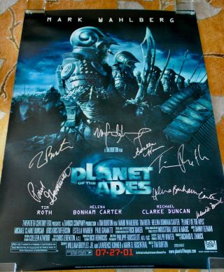 Hand Signed Planet Of The Apes Movie Poster Tim Burton Mark Whalberg