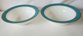 Set Of 2 Vintage Pyrex Serving Bowls 9 " White With Turquoise Edge Gold Trim