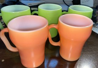 5 Vintage Fire King Coca Cola Style Mugs Lime Green & Coral Anchor Hocking Mcm