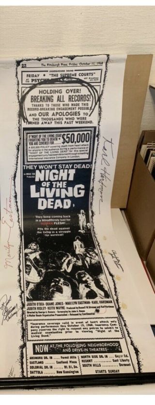 Night Of The Living Dead White Autographed Paper Scroll,  Plus 5 Promo Cards