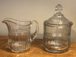 Antique 1920’s Heisey Clear Glass Cream And Lidded Sugar 6” Ribbed Marked