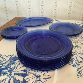 Set Of 13 Hazel Atlas Moderntone Cobalt Blue Depression Glass Plates - 4 Sizes