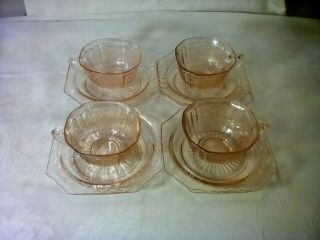 4 " Mayfair - Open Rose " Pink Cup & Saucers W/o Rings Vintage Depression Glass 30s