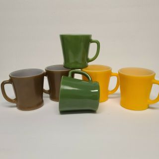 Set Of 6 Vintage Anchor Hocking Fire King Ware Mugs Gold,  Brown & Green