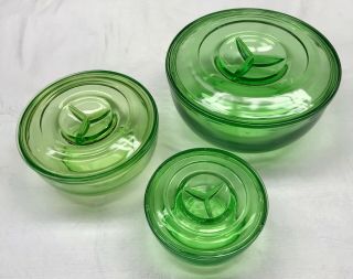 Set Of 3 Depression Glass Green Refrigerator Storage Bowls W Lid Hocking