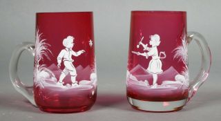 2 Vintage Cranberry Mary Gregory Style Enamel Art Glasses Boy And Girl