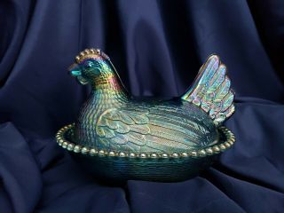 Indiana Blue Carnival Glass Hen On Nest Chicken Shape Covered Dish 1829