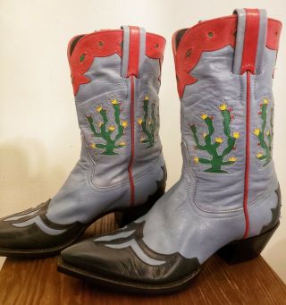 Larry Mahan Cactus Cowboy Boots Gray Green Red Black Sz 6 1/2b Vintage Worn Once