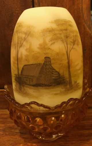 Vintage Custard Fenton Hand Painted Signed Fairy Lamp Cabin In The Woods