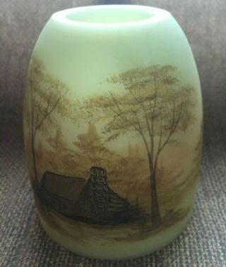 Vintage Custard Fenton Hand Painted Signed Fairy Lamp Cabin in the Woods 2
