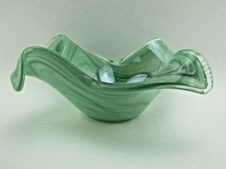 Green Swirl Hand Blown Glass Bowl Dish With Streched Corners Home Decor
