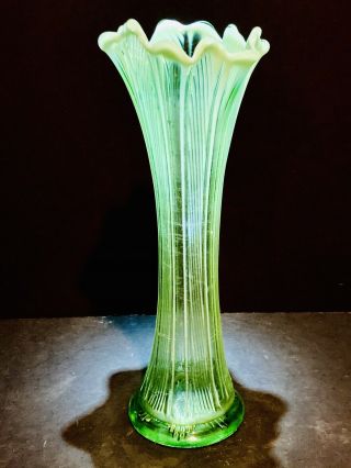 Vintage Fenton (?) Green Opalescent Vaseline Art Glass Swung Vase
