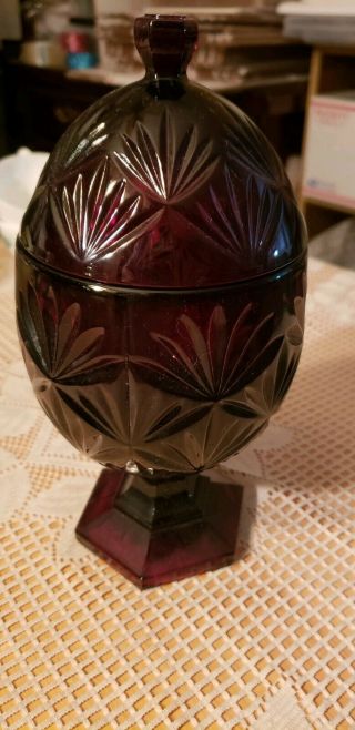 Vintage Cranberry Ruby Cut Glass Egg Shaped Candy Apothecary Footed Jar With Lid