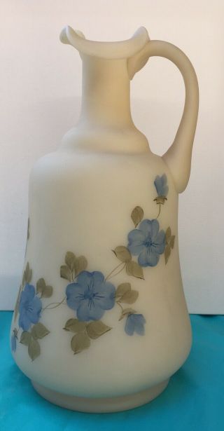 Vintage Fenton Satin Custard Glass Pitcher Hand Painted Signed Blue Flowers