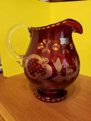 Vintage Egermann Bohemian Czech Ruby Red Etched Crystal Glass Large Pitcher