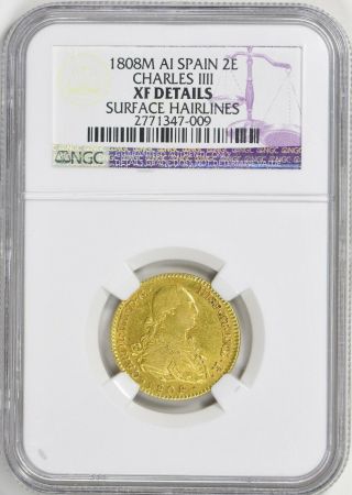 Spain 1808 - M Ai Gold 2 Escudos Charles Iiii Ngc Xf Details