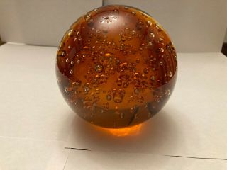 Controlled Bubble Glass Art Paperweight Large Amber Globe Vintage