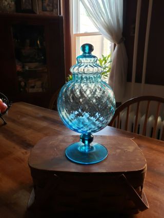 Vintage Blue Glass Footed Apothecary Jar With Lid Made In Italy